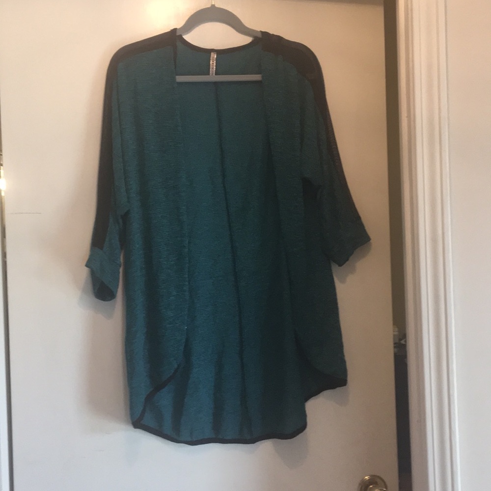 Teal cardigan with mesh detail on arms